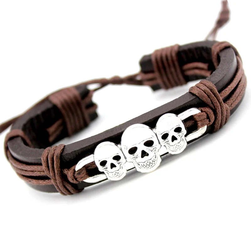 Мужской/женский браслет из вощеной кожи с черепом скелетом|men jewelry|leather bracelet
