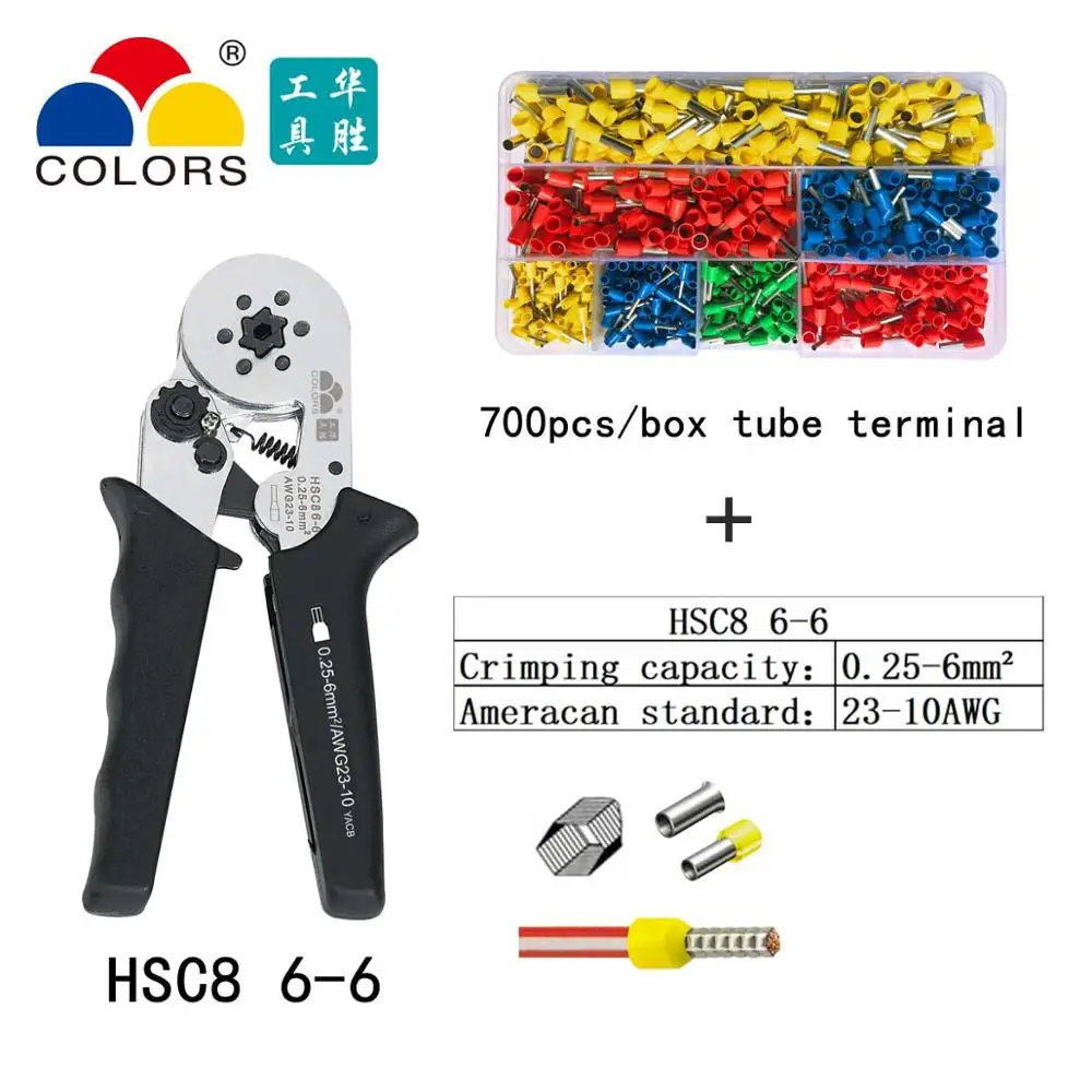 HSC8 6-6 700H Цвета HSC8 10S обжимные плоскогубцы 0,25-10 мм2 23-14AWG шестигранные четырехгранные электрические трубки Клеммы Коробка фирменный зажим ручные инструменты - Цвет: HSC8 6-6 700H
