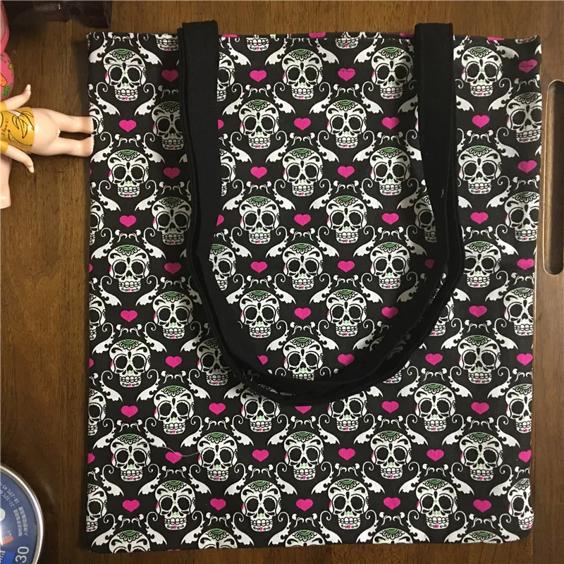 

YILE Handmade Cotton Canvas Eco Shopping Tote Shoulder Bag Print Red Heart Skull Motif 1758-2