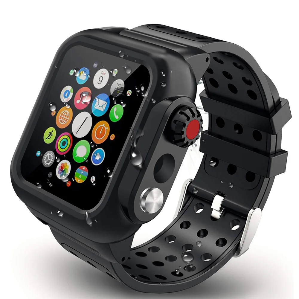 Black Спортивные Водонепроницаемый ПК чехол для Apple Watch Series 5 4 3 40/44/38 мм/42 мм Экран протектор ударопрочный чехол с силиконовым ремешком - Цвет ремешка: Black