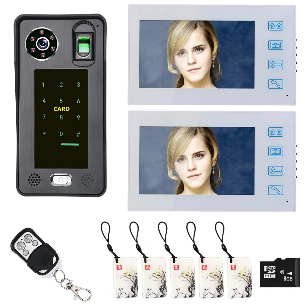 

7'' Wired Fingerprint RFIC Card Password Video Door Phone Doorbell Intercom 1000TVL Camera 2PCS Monitor 8GB TF Card