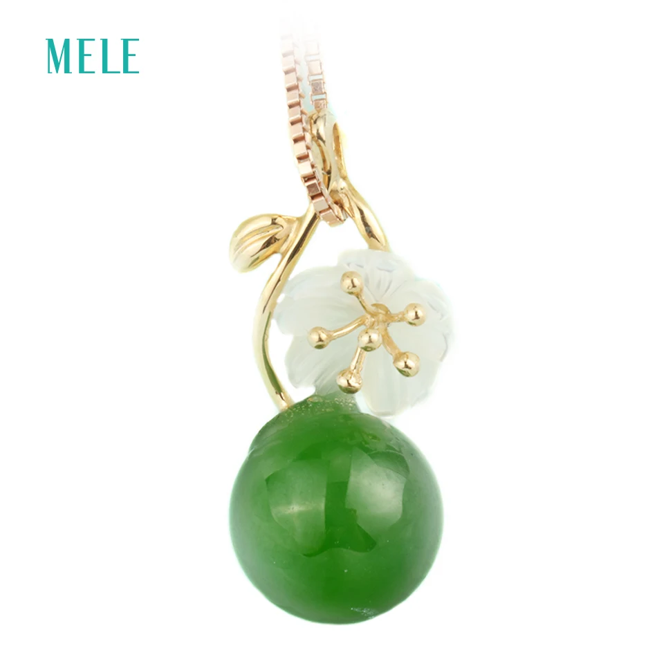

Natural green jasper rose gold pendant , 18K rose gold, green jasper with white seashell flower, 10mm jasper stone
