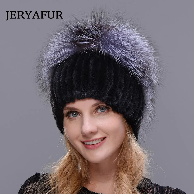 Меховая шапка JERYAFUR вязаная шерстяная в русском стиле из меха норки и лисы зимняя
