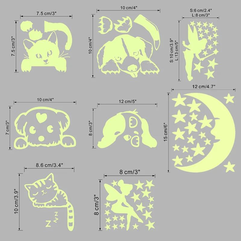 

Funny Cat Dog Switch Stickers Glow In The Dark Wall Mural Art Kids Room Home Decoration Fairy Star Moon Luminous Pvc Wall Decals