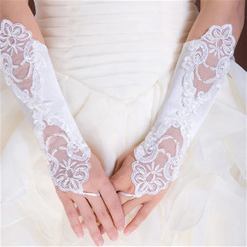 White Ivory Fingerless Lace Sequins Appliques Bridal Gloves Wedding Accessories luva de noiva Q4 | Свадьбы и торжества