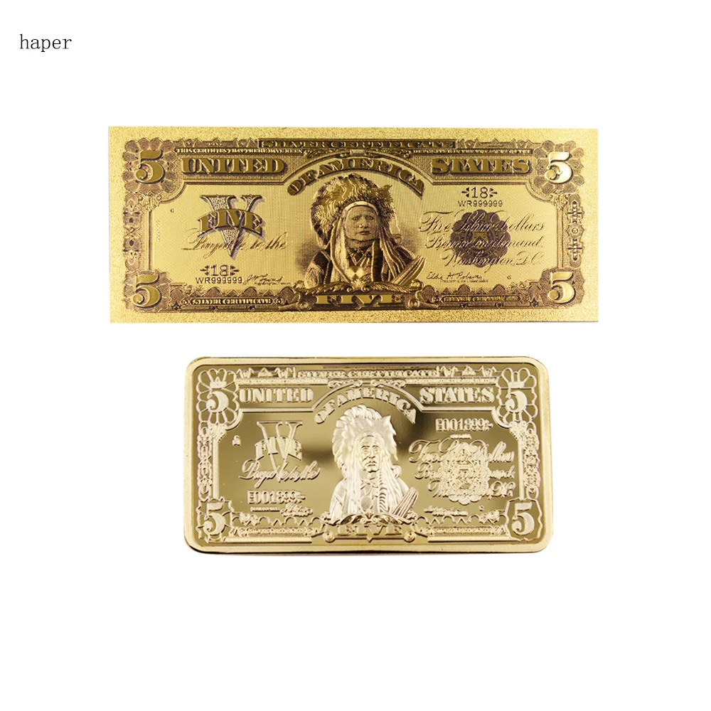 

5 Dollar Bills Bank Note Gold Plated Fake Money Currency Gold Banknotes and Collection Art Coin By Collection Free Shipping