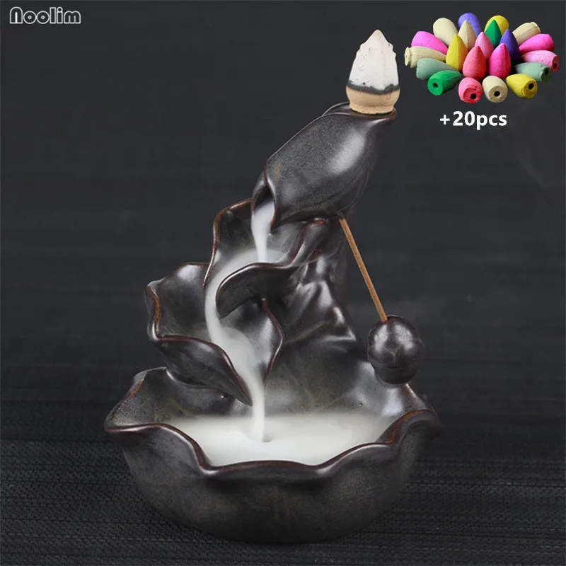 With 20pcs mixed-B Фонтан лотоса обратного потока благовоний горелка дым водопад домашний декор буддийский аромат кадило-ароматерапия печь+ 20 шт Бесплатные конусы - Цвет: With 20pcs mixed-B