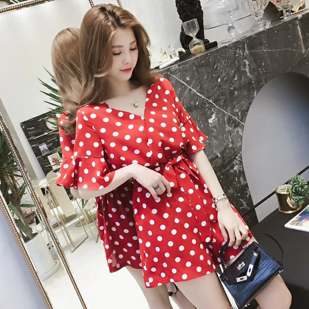 Office Elegant Polka Dot V Neck Party Romper Summer Fashion Casual Playsuit Women Stylish Short Sleeve Lace Up Jumpsuit Plu Size | Женская