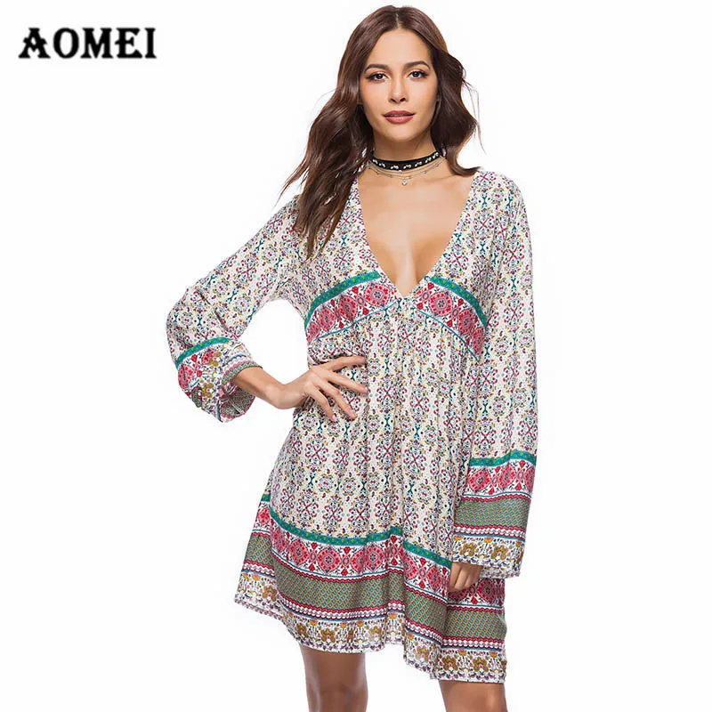 Для женщин oversize-платье Цветочный принт Boho туника для Девочек Глубоким v-образным