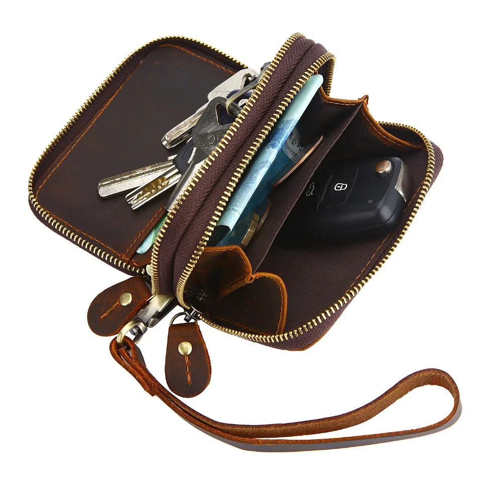 Vintage Genuine Leather Smart Key Coin Pack Metal Hook Chain Zipper Bag Car Holder | Багаж и сумки