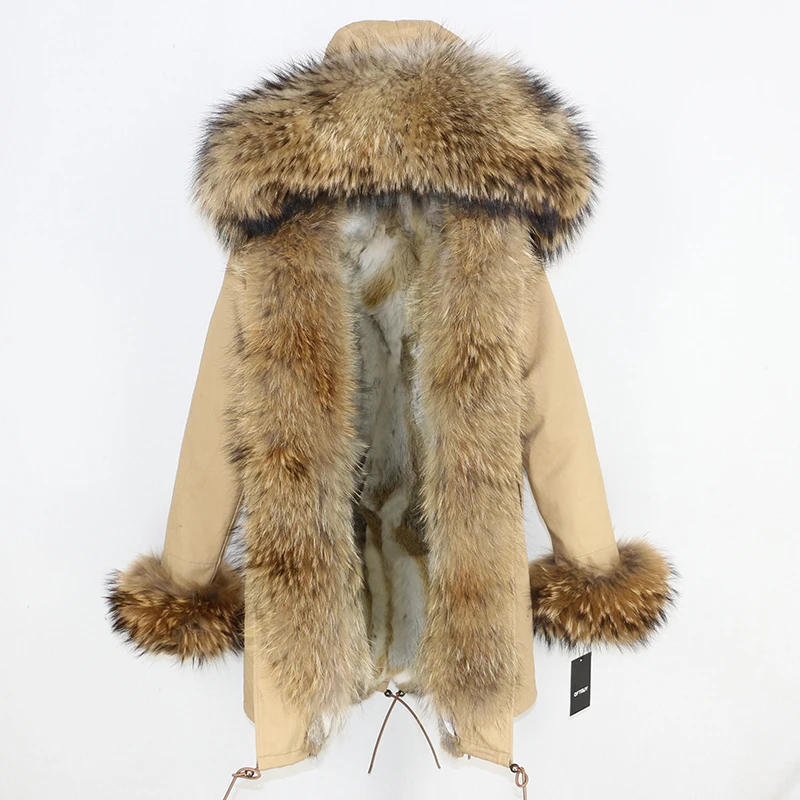 beige natural F OFTBUY длинная парка, пальто с натуральным мехом, зимняя куртка для женщин, воротник из натурального меха енота, капюшон, теплая толстая подкладка из меха кролика, уличная одежда - Цвет: beige natural F