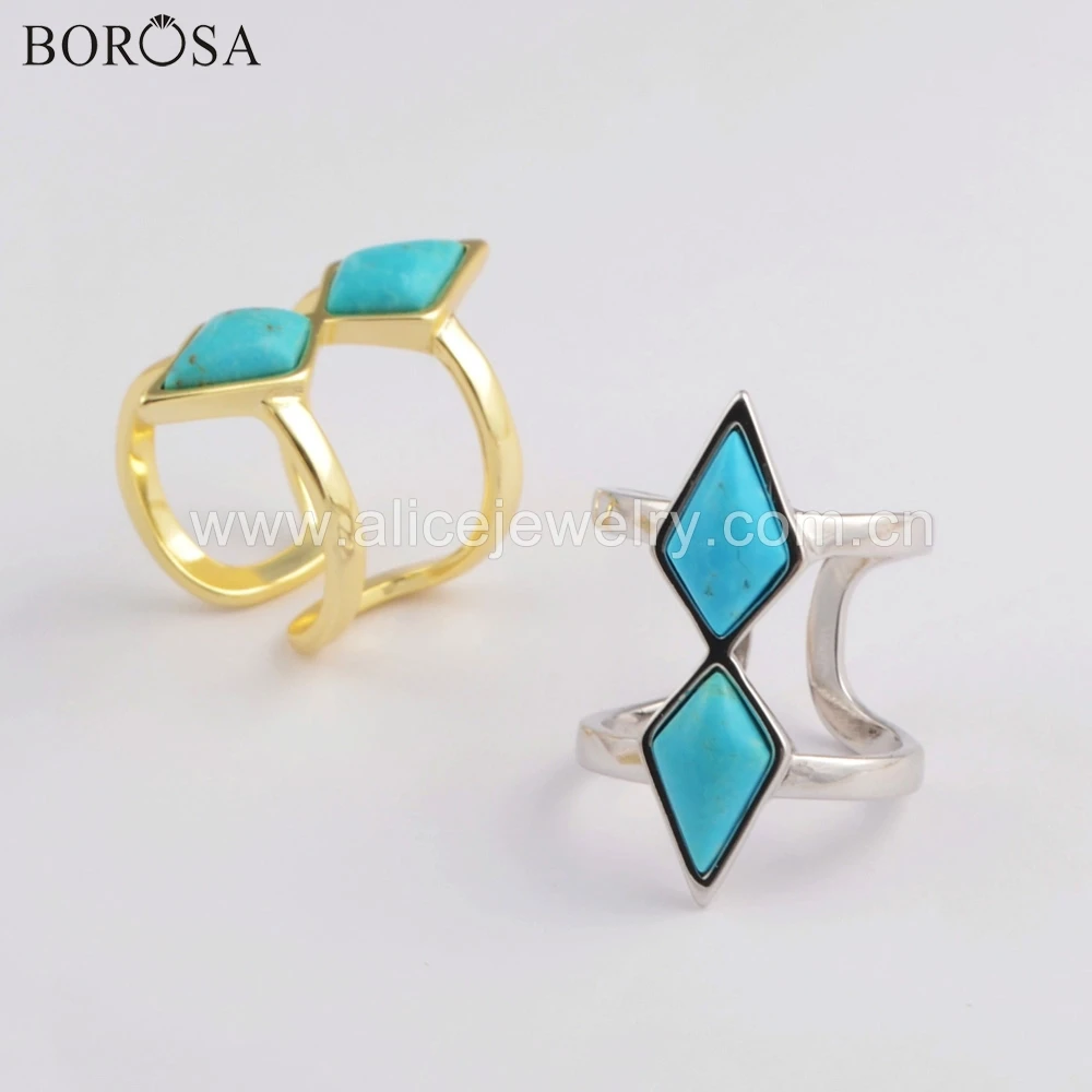 

BOROSA 5PCS Wholesale Gild Bezel Double Rhombic Shape Natural Turquoises Open Ring Silver Blue Howlites Stone Boho Rings ZG0403