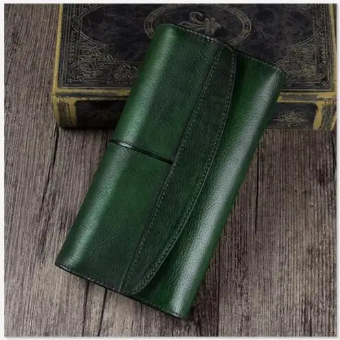 Зеленый Vintage Designer Genuine Leather Women's Clutch Purse Cow Skin Blackish Green Female Large Trifold Wallet Lady Long Card Wallet - Цвет: Зеленый