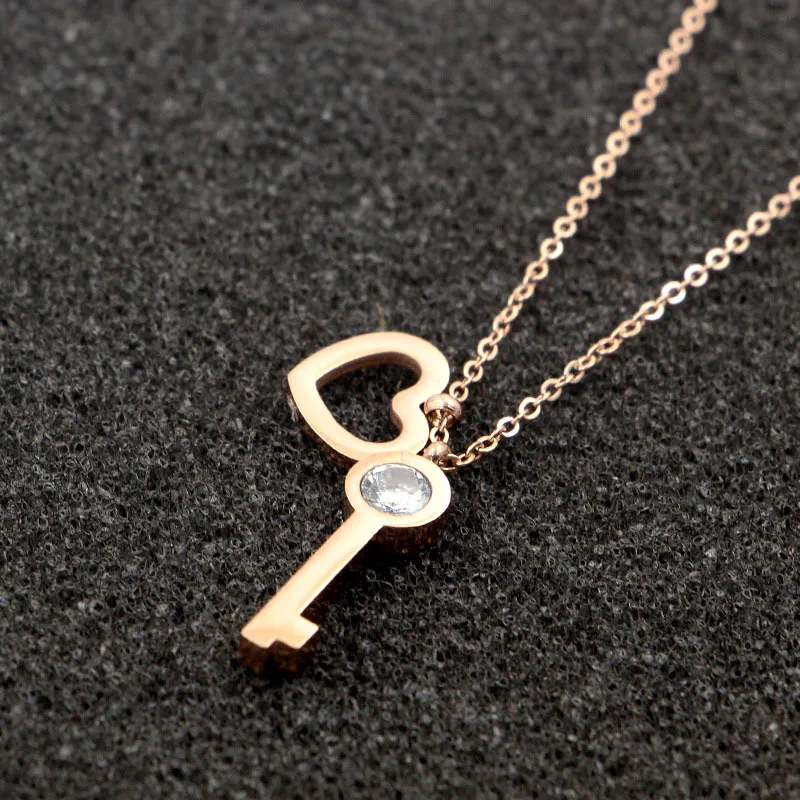 Fashion Stainless Steel Love Crystal Heart Key Pendant Necklace Rose Gold Color Women Girl Party Gift | Украшения и аксессуары