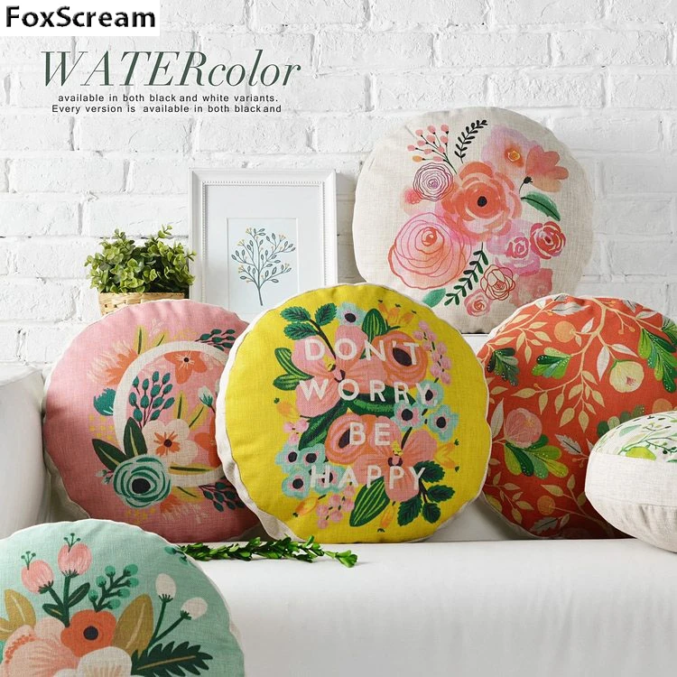 

Floral pillow round Decorative Cushion Cover Home Decor Yellow Round Throw Pillows Cases Linen Cotton Pillowcase For Sofa
