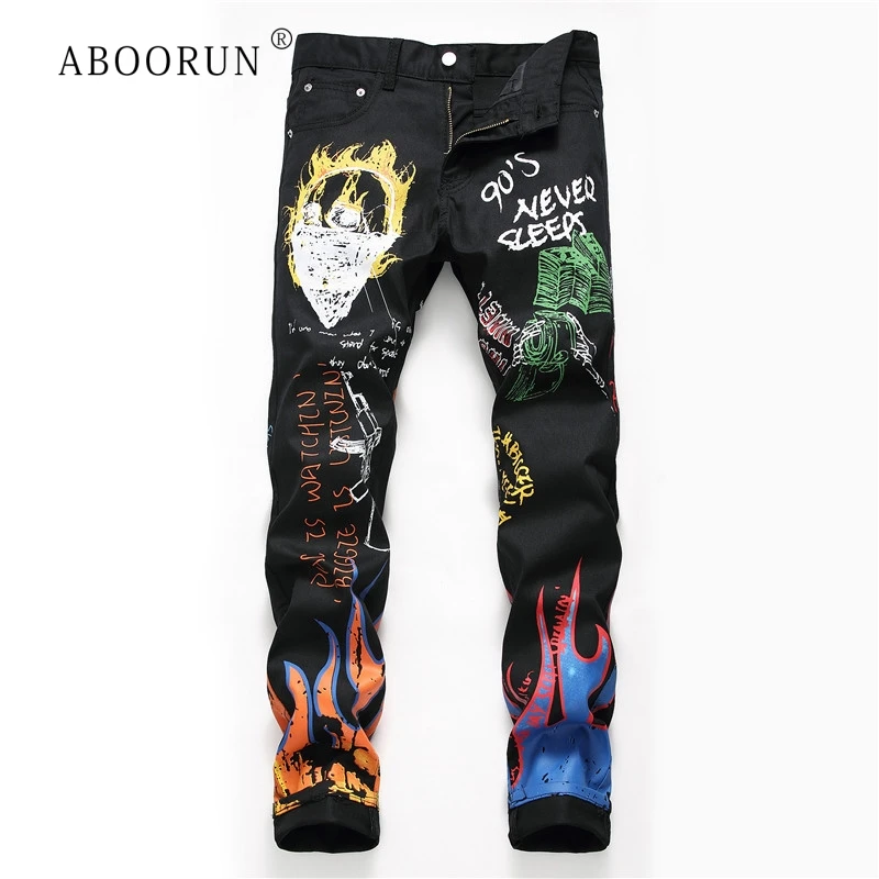

Мужские Модные джинсы ABOORUN с принтом, черные узкие джинсы-карандаш, Молодежные городские джинсы для мужчин R1133