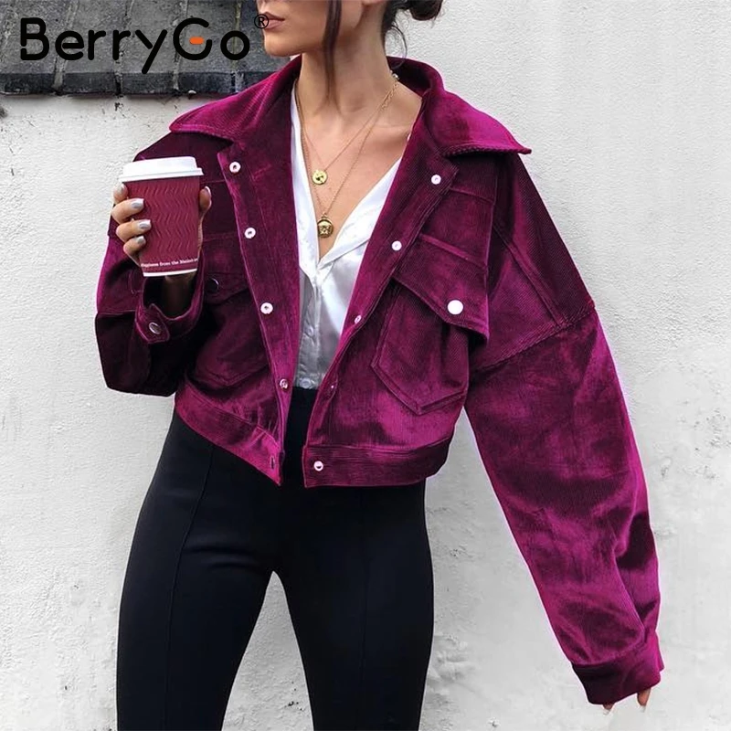 BerryGo вельвет однобортный Осенняя куртка для женщин Повседневное карман зимняя