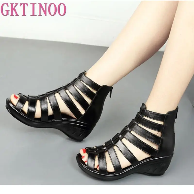 

GKTINOO 2023 Summer Genuine Leather Gladiator Sandals Women 5.5cm High Heels Classic Black Peep Toe Hollow Ladies Sandals Wedges