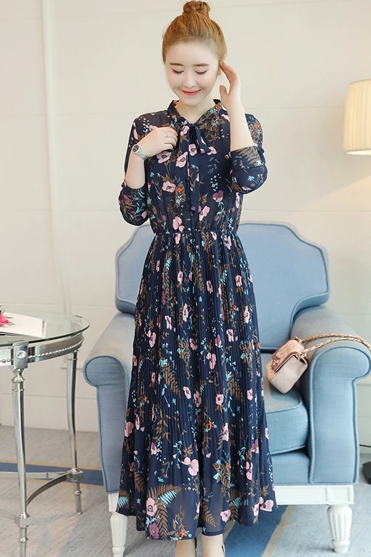 

2018 Spring Women dress Bow Print With Pleated Long Dresses 6001