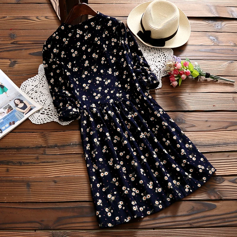 Blue Red Small Flower Japanese Mori Girl Dress 2018 New Spring Autumn Women Long Sleeve Floral Print Corduroy Dresses S-XXL | Женская