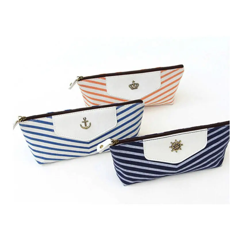 Тёмно синий холщовый пенал для школьников пеналы в полоску макияжа карандашей