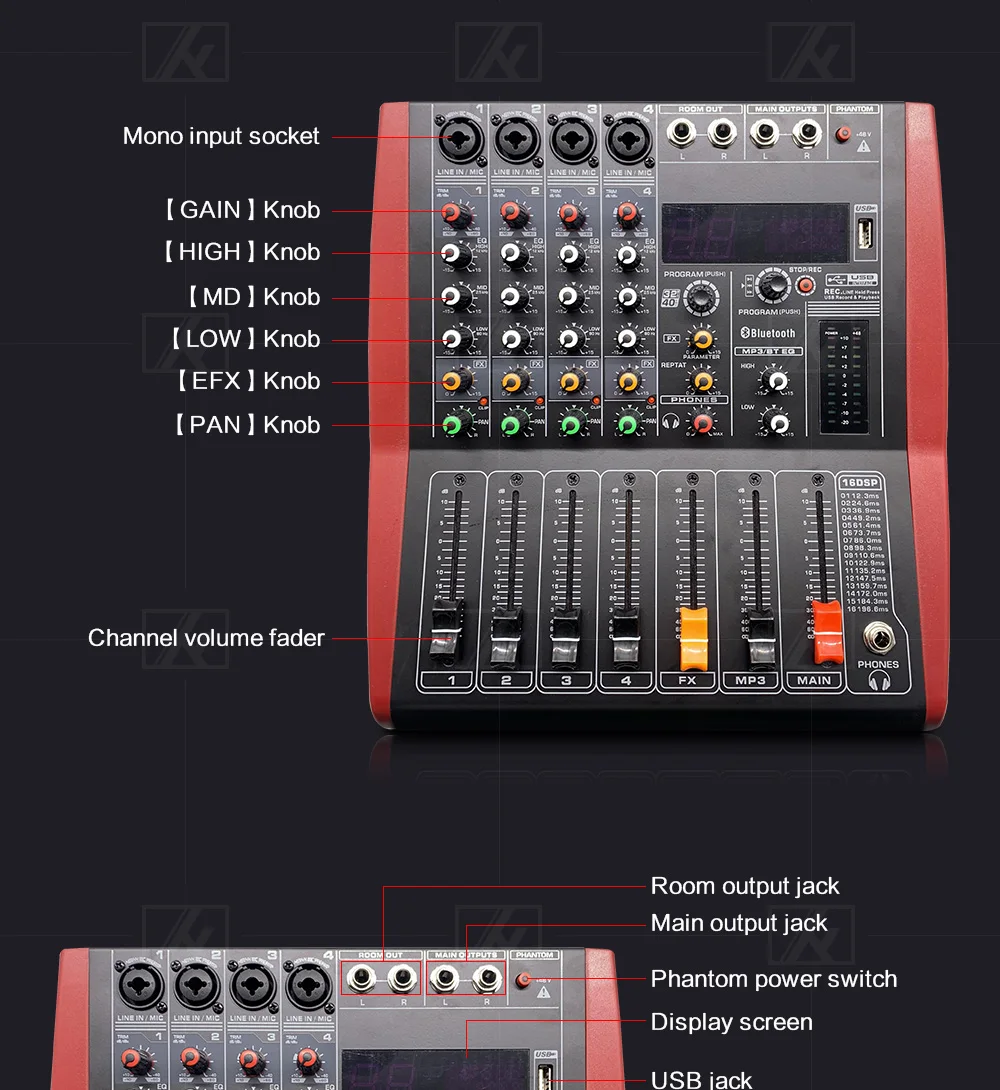 LEORY Профессиональный USB Bluetooth микшер 4 канала DJ пульт микшерный контроллер караоке 48 в усилитель для караоке KTV Вечерние
