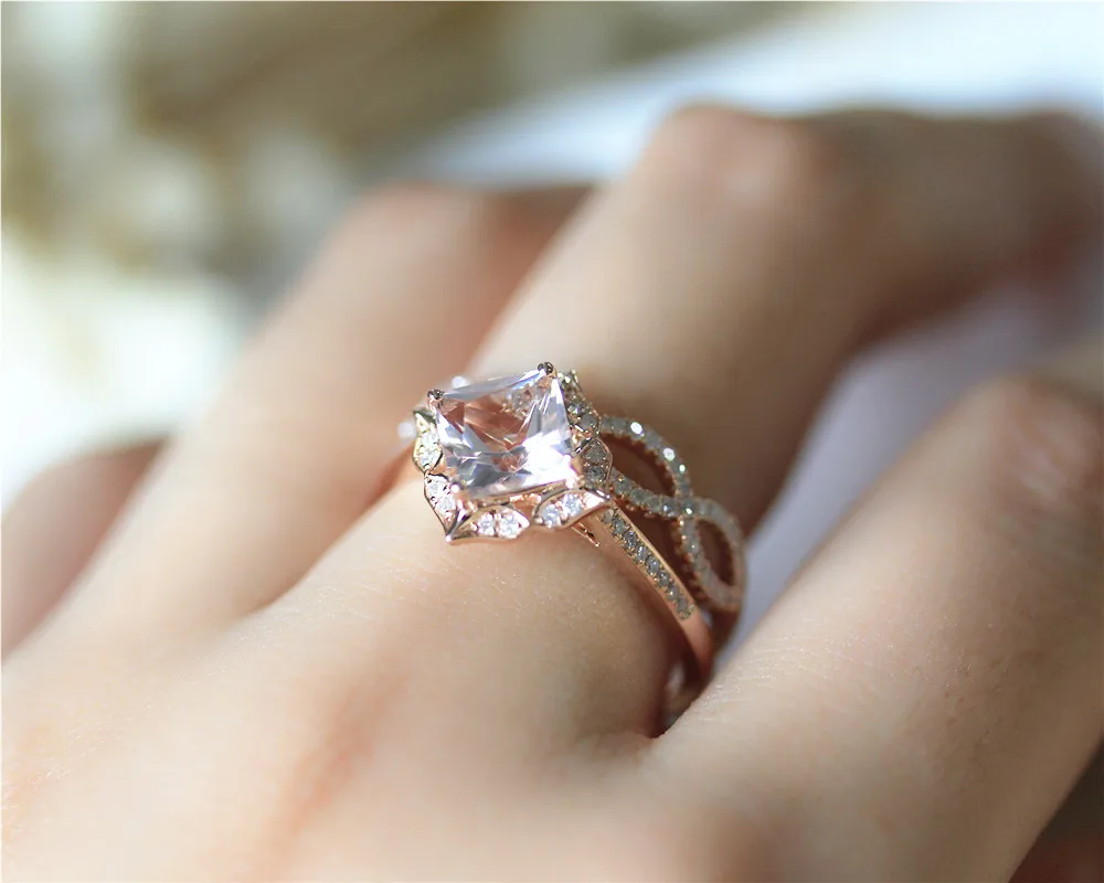 

DUPUY 7mm Princess Cut Morganite Ring Set Diamonds Halo&Danity Half Eternity Diamond Wedding Ring Solid 14K Rose Gold Bridal Set