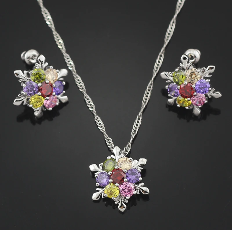 HAIMIS Multi Color Silver Jewelry Sets For Wome With Chain Pendant Earrings Wedding T012M | Украшения и аксессуары