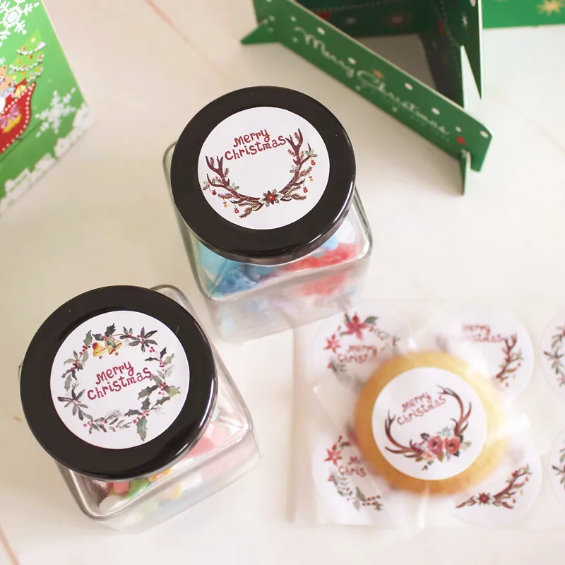35mm Merry Christmas baking biscuit decoration stickers, four styles labels, 360 pcs/lot, Item No. FE28