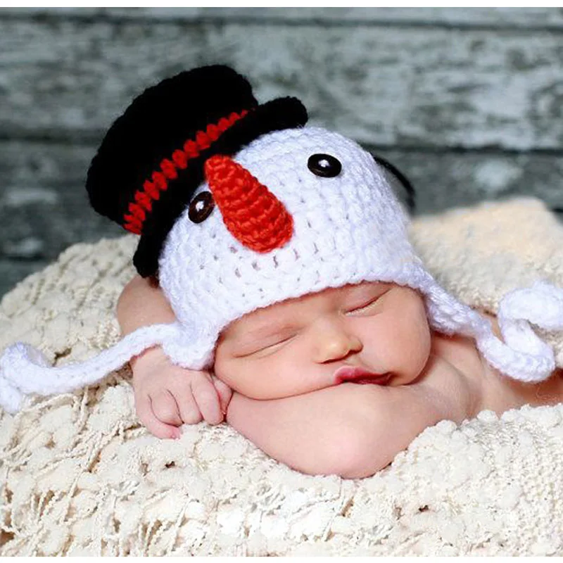 

Handmade Knitted Baby Beanie Hat Crochet Pattern Children's Snowman Cap Earflap X Xmas Hat Photo Props Headwear
