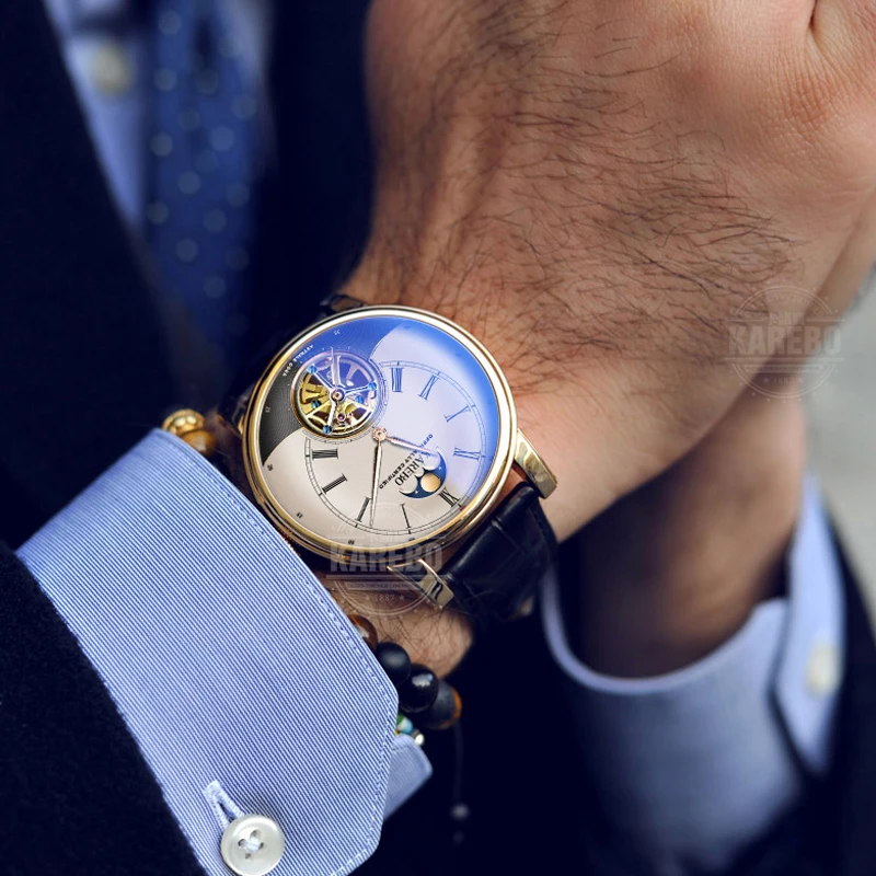 Мужские автоматические наручные часы KAREBO модные деловые с перфорацией и