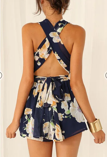 

Women Sexy Cross Bandage Backless Dress Sleeveless Floral Printed Short Party Beach Dresses Vestidos Deep V Neck