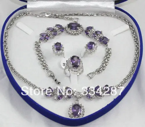 

Lovely Sets Purple amethysts pendant necklace bracelet silver Stud earring Ring