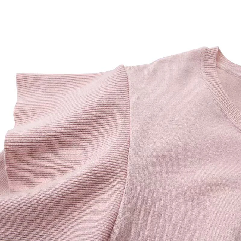 Bella Philosophy women sweet ruffled knitted sweater long sleeve o neck stretchy pullovers female short style pink cute tops | Женская
