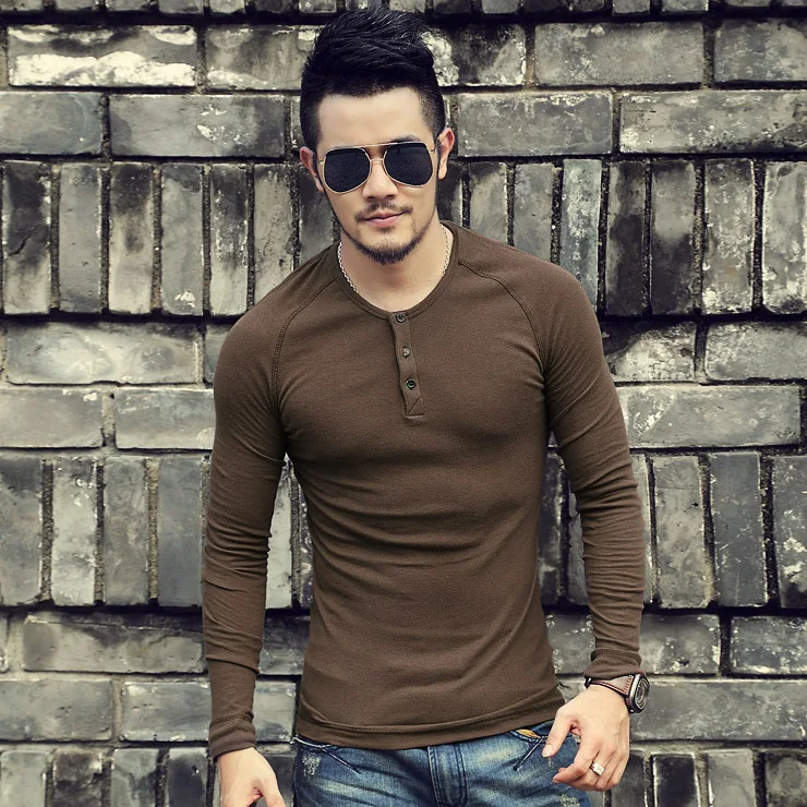 Футболка Henley мужская с длинным рукавом брендовая облегающая однотонная теплая