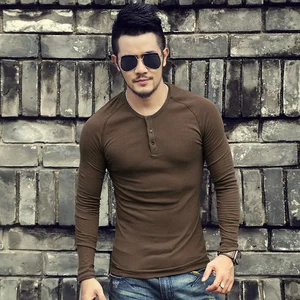 Футболка Henley мужская с длинным рукавом, брендовая облегающая однотонная теплая хлопковая рубашка, Повседневный пуловер