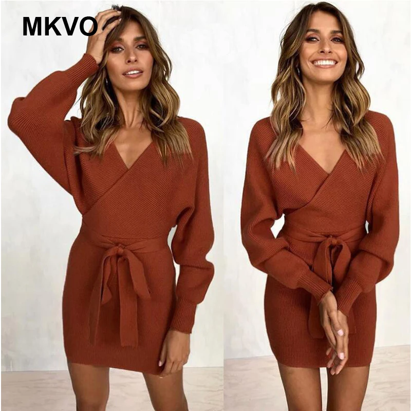 Новое Женское платье 2019 трикотажное мини повязка зимнее с v образным вырезом