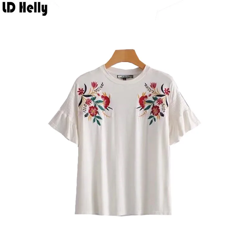LD Helly 2018 Для женщин цветочной вышивкой белая футболка Лето Бабочка рукавом