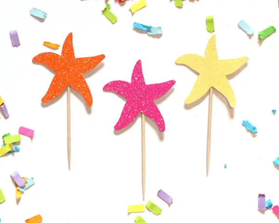 

Glitter starfish Cupcake Toppers - beach ocean wedding cake topper sea party toothpicks birthday food pick