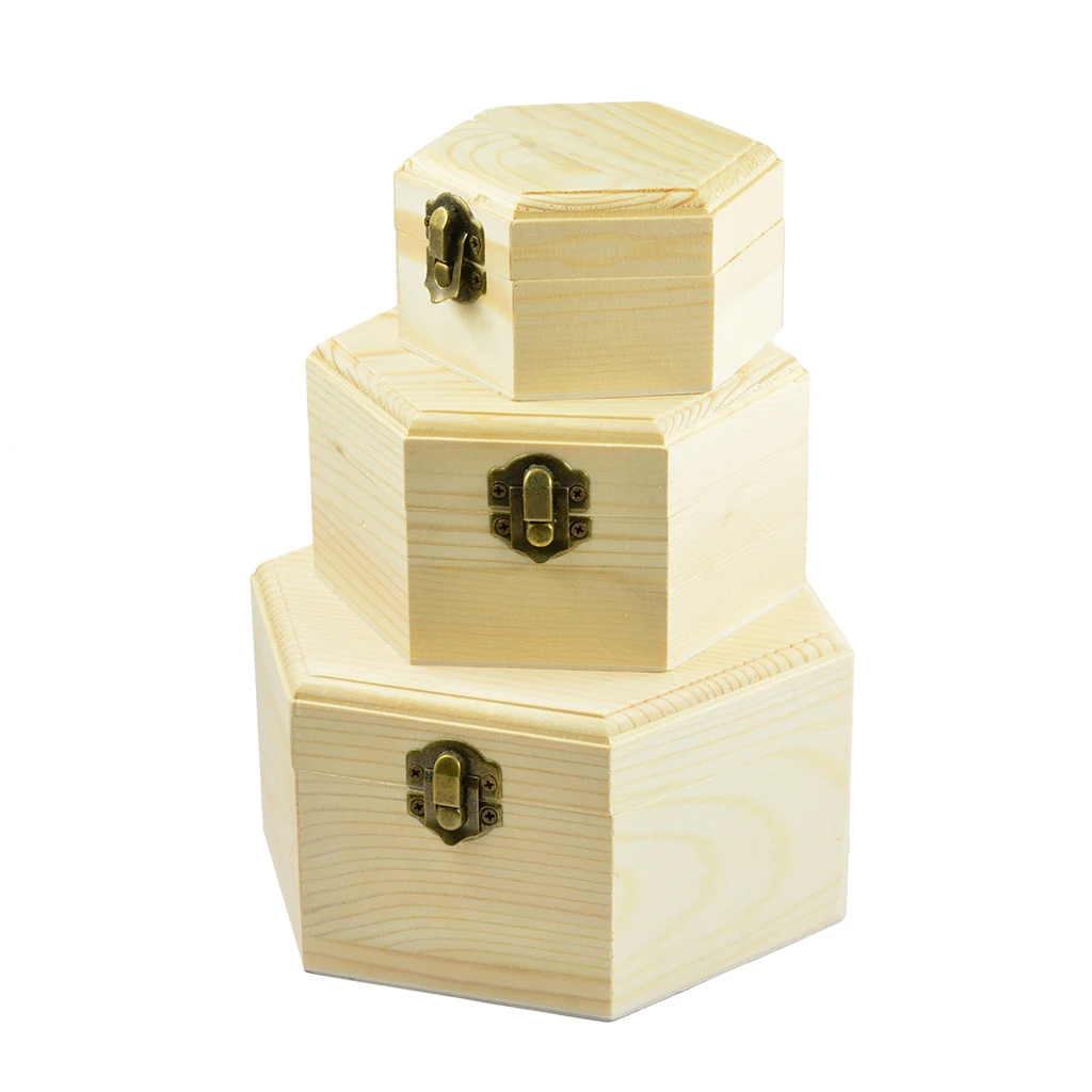 

3Pcs 3Sizes Hexagon Wooden Watch Earrings Jewelry Treasure Case Storage Box Memorial Keepsake Container