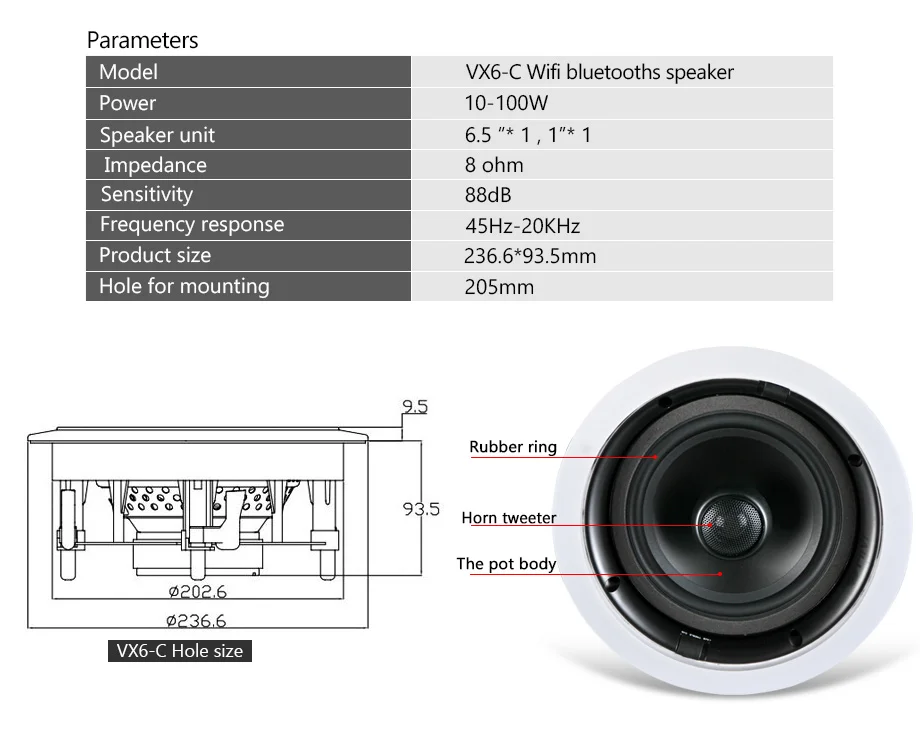 Oupushi vx6 Wi-Fi потолочный динамик в стене динамик для использования системы pa фоновая музыка семьи; Система домашнего кинотеатра