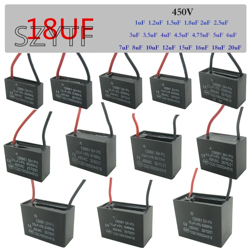 

CBB61 fan start capacitor 1uf/1.2uf/1.5uf/1.8uf/2.5uf/3uf/3.5uf/4.5uf/6uf/7uf/8uf/10UF/12uf/15uf/16uf/18uf/20uf 450V 18UFX2PCS
