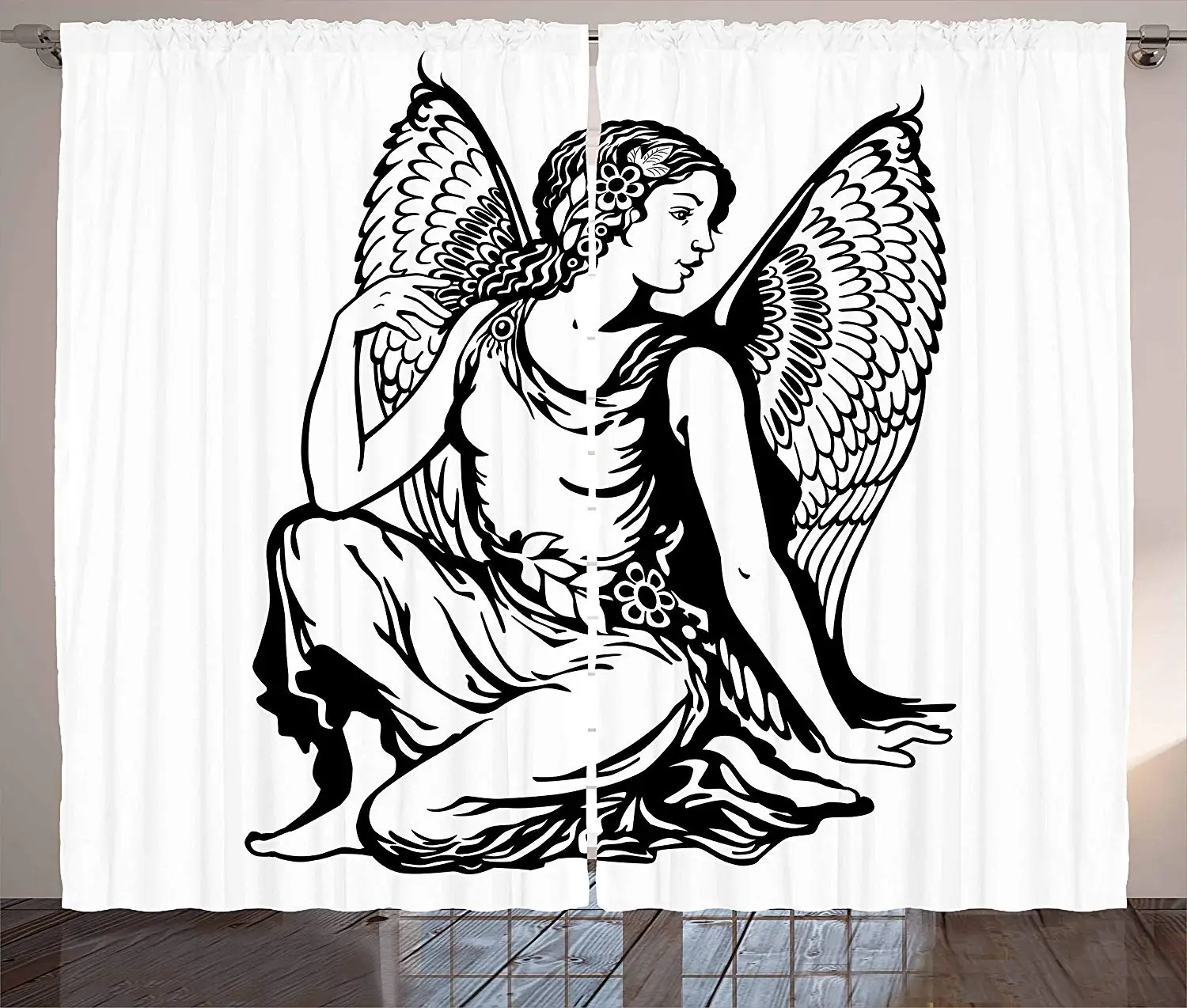 Zodiac Virgo Curtains Young Woman Artistic Figure with Angel Wings Monochrome Tattoo Art Design Bedroom Window Drapes | Дом и сад