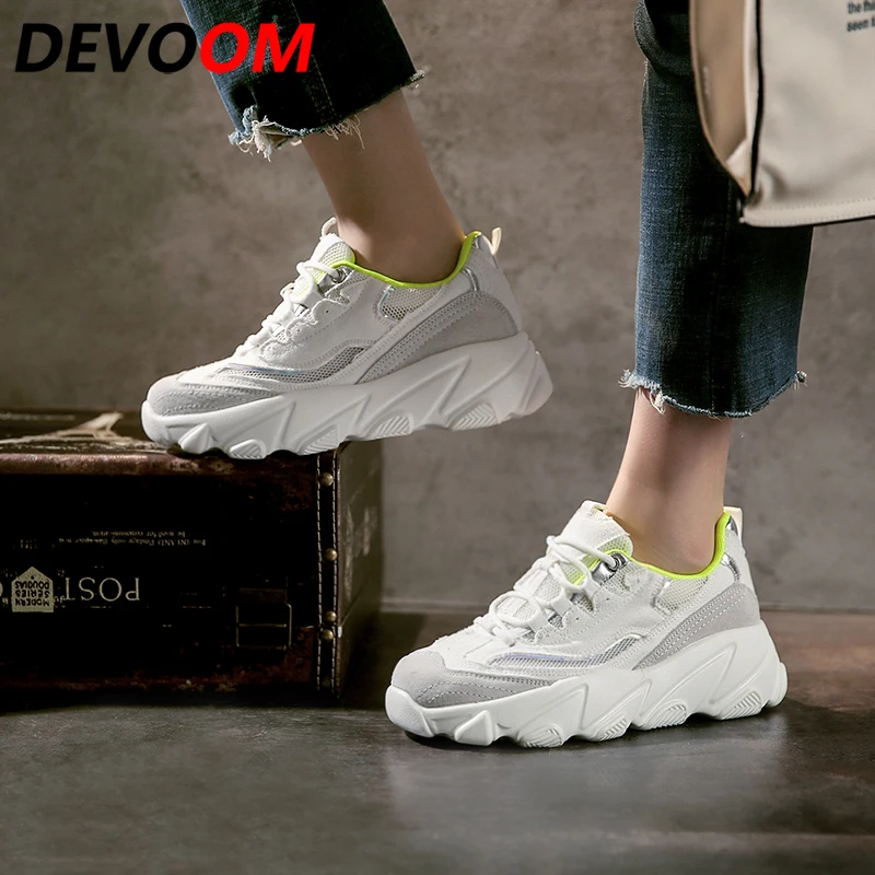 Женские кроссовки из ПУ и сетчатого материала на платформе|Беговая обувь| |