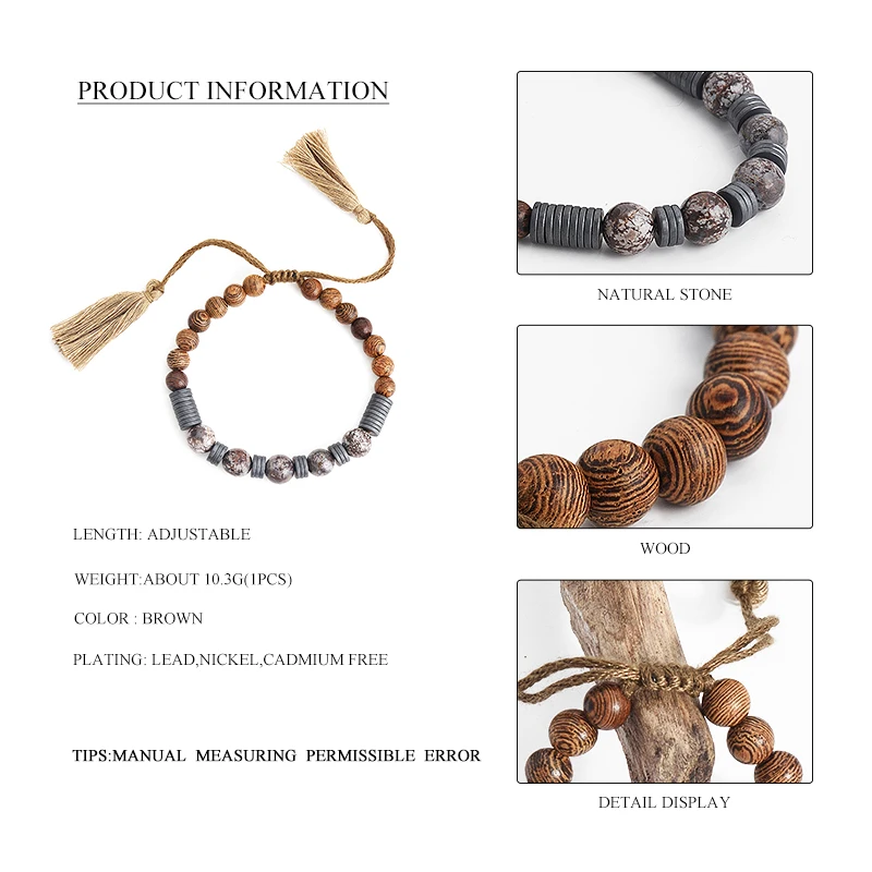 Vintage Natural Stone Bracelets For Women Brown Cottons Tassels Texture Wooden Beads Charm Adjustable Jewelry 2017 New | Украшения и