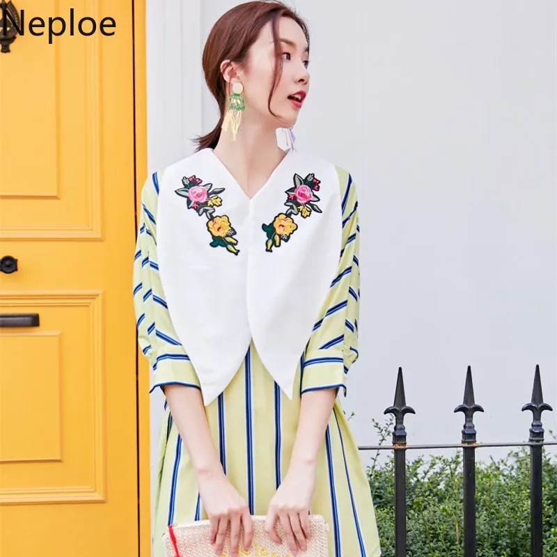 Neploe вышитые полосатые женские рубашки Летние Ретро v образным вырезом три