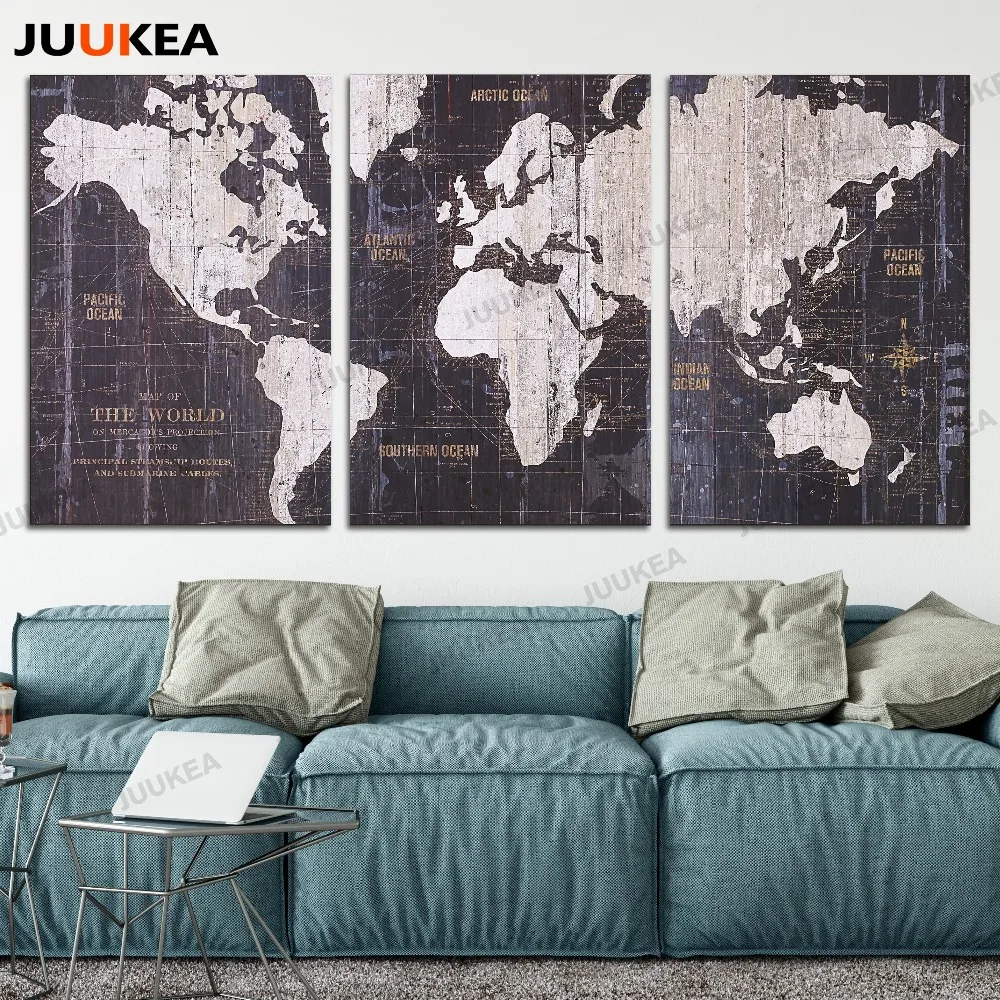 3 Panels Vintage World Map Canvas Art Print Painting Poster Wall Pictures For Living Room Bedroom Home Decor Free Shipping | Дом и сад
