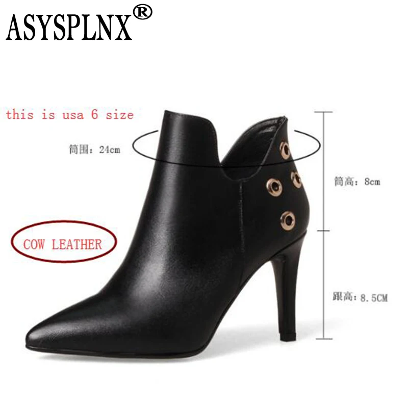 ASYSPLNX/2018 брендовые зимние модные кожаные полусапожки на высоком каблуке с острым