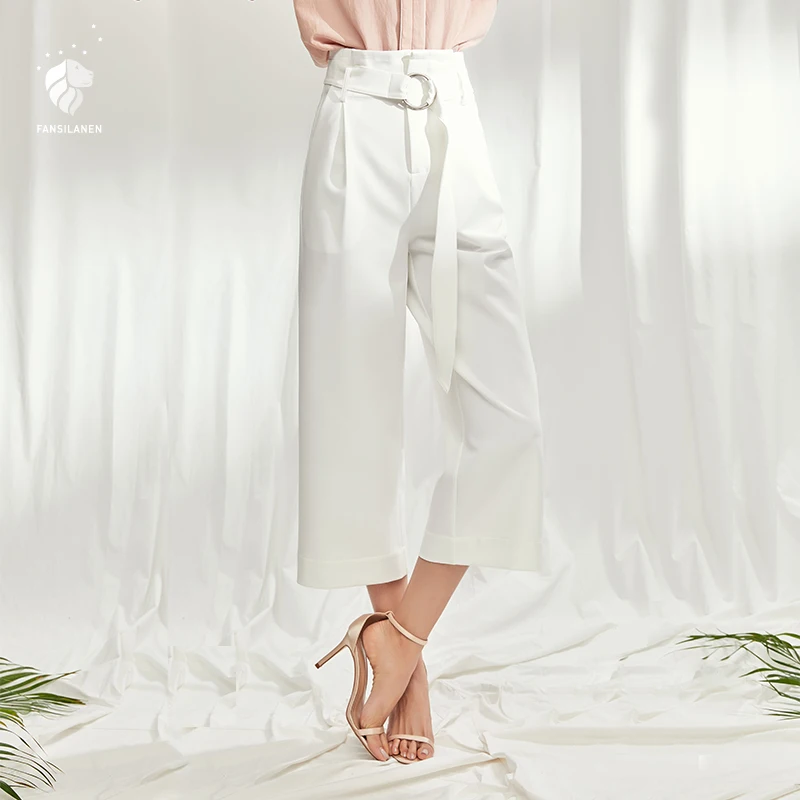 FANSILANEN 2019 Fashion New Arrival Summer/Spring Women Loose Work Office Laddy Waist Wide Leg Solid White Z82485 | Женская одежда