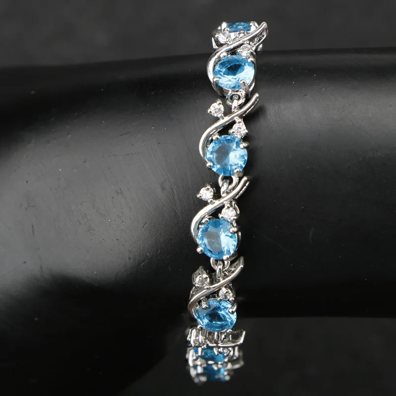 Bracelets Синий Циркон 925 Серебряные женские Ювелирные наборы ожерелье кулон браслеты клипсы серьги с камнями кольца набор ювелирных изделий Подарочная коробка - Окраска металла: Bracelets